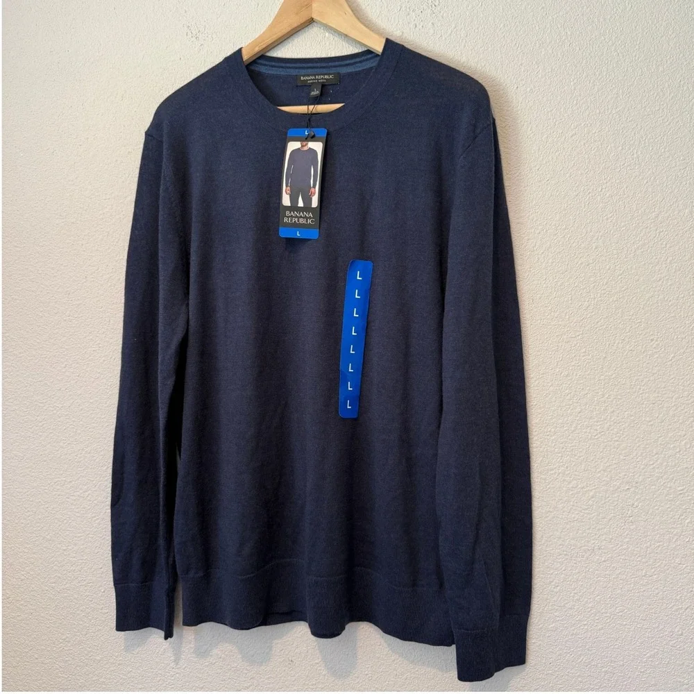 Banana Republic Mens Merino Wool Crewneck Sweater Navy Blue Large NWT Pinhole